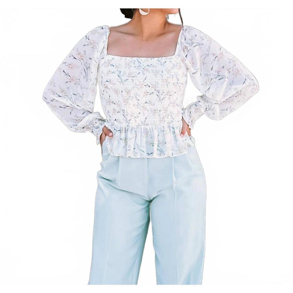NEW LUCY PARIS mabel smocked floral long sleeve ruffle top in white